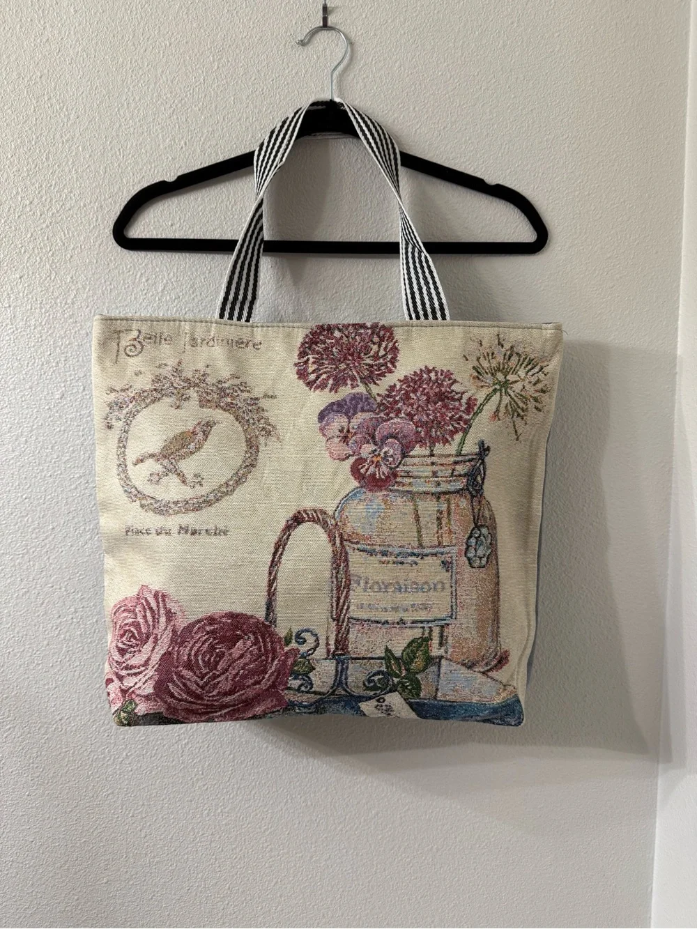 Floral Tapestry Tote Bag | Striped Handles | Zip Top | Boho Cottagecore | NWOT - Picture 2 of 6